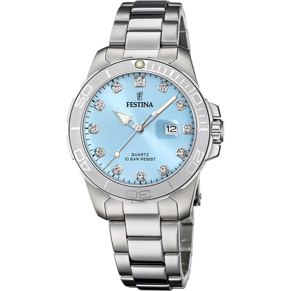 Festina - Boyfriend, staal dames horloge, met licht blauwe wijzerplaat bezet met zirconia's, 100 meter WR, Mineraalglas, Quartz - F20503/5