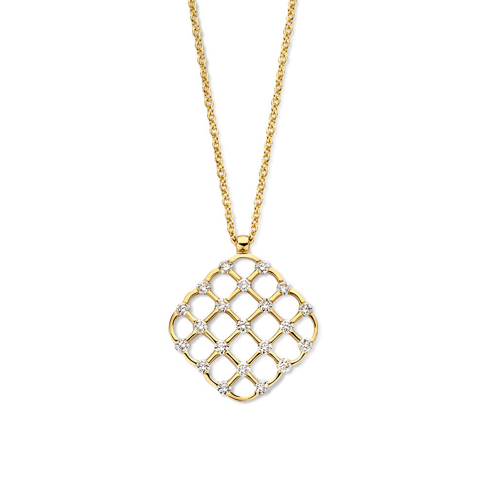 Geelgouden collier met hanger in bijzonder design, gezet met fonkelende diamanten.
