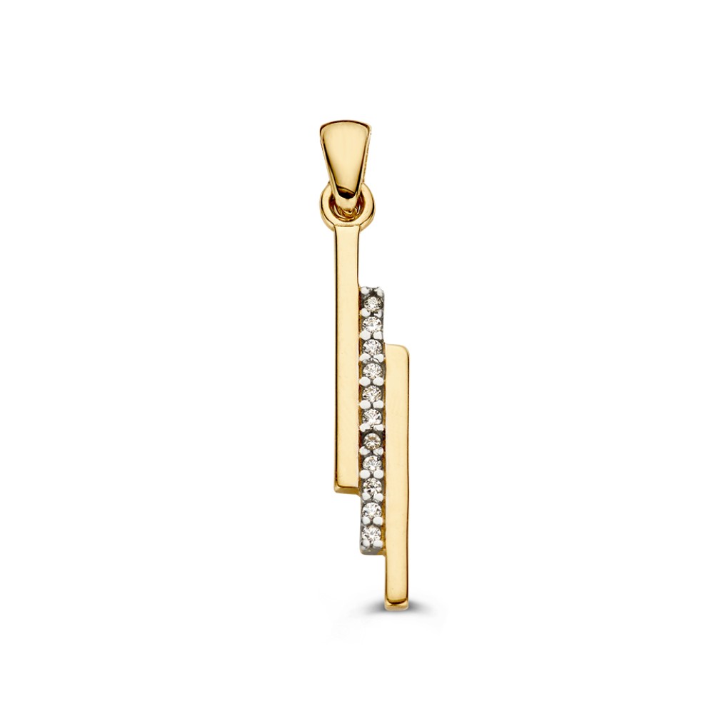 Geelgouden hanger in strak design gezet met zirkonia's.
