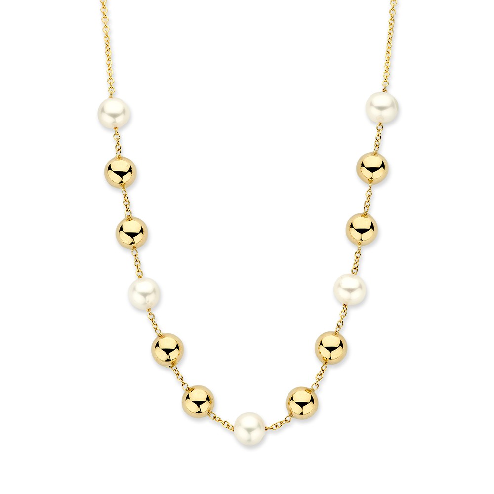Geelgouden collier met parels en gouden elementen.
