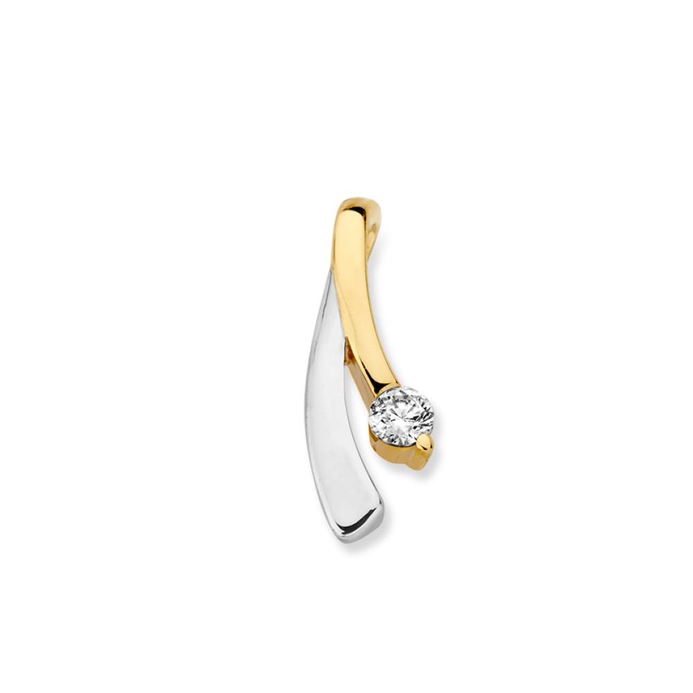 Bicolor wit- en geelgouden hanger met zirkonia.
