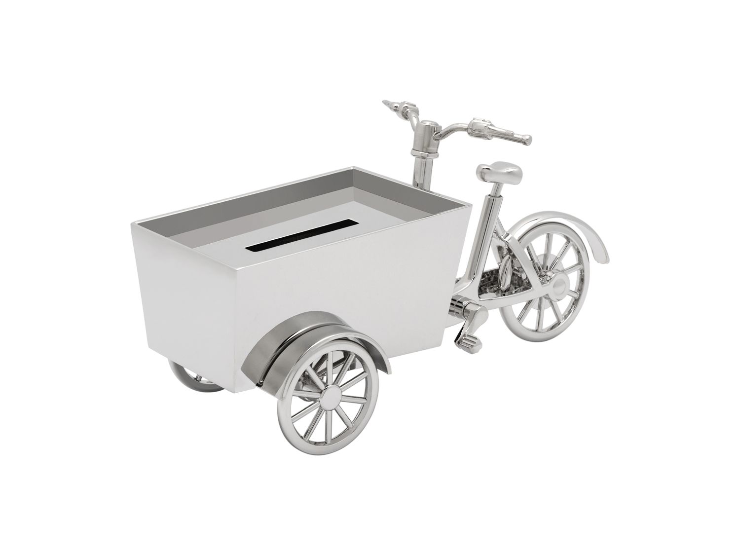 Spaarpot in de vorm van een bakfiets. Een uniek ontwerp: zowel de wielen als pedalen kunnen draaien en de bak kan bewegen ten opzichte van de fiets. Bij de spaarpot wordt een graveerplaatje geleverd om 'm te kunnen personaliseren. Een uniek kraamcadeau dus.