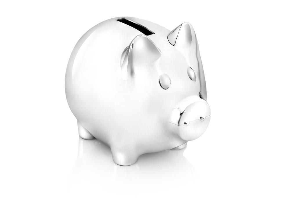 Spaarpot in de vorm van een varken. De spaarpot is in zilver kleur, poetsen is overbodig. De spaarpot kan gegraveerd worden, wat het een persoonlijk (geboorte)cadeau maakt.