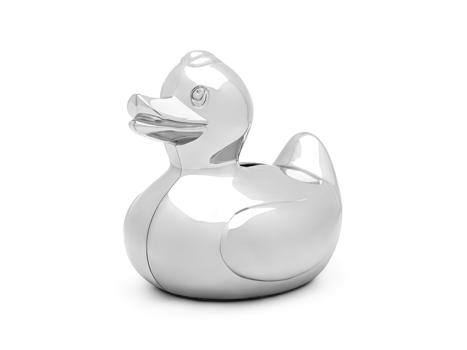 Spaarpot van een eend. De spaarpot is in zilver kleur en poetsen is overbodig. De spaarpot kan gegraveerd worden, wat het een persoonlijk (geboorte)cadeau maakt.