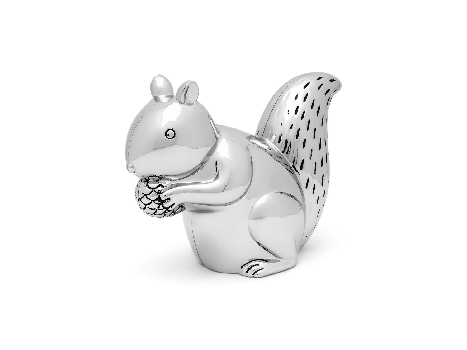 Spaarpot in de vorm van een eekhoorn. De spaarpot is in zilver kleur, waardoor poetsen overbodig is. De spaarpot kan gegraveerd worden, wat het een persoonlijk (geboorte)cadeau maakt.