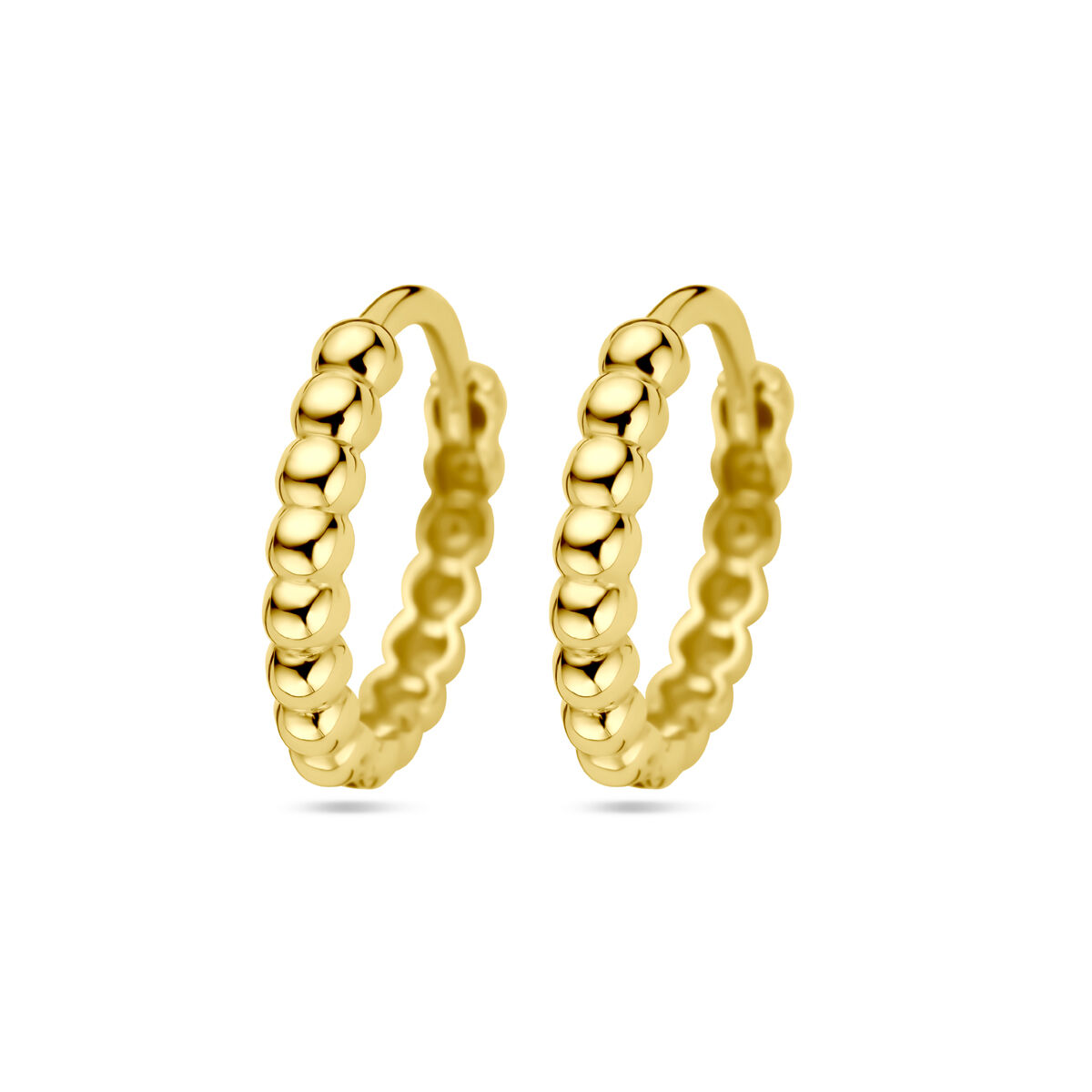14k Geelgouden klapoorringen uitgevoerd met bolletjes. De oorringen hebben een afmeting van 13.5x2mm.