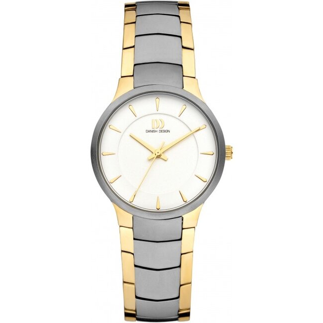 De DANISH DESIGN BOGØ horloge, model IV65Q1275, heeft een elegante gouden en zilvergekleurde titanium kast en band. Met een strak zilverkleurig gestreept wijzerplaatontwerp, saffierglas en quartz uurwerk combineert het stijl en functionaliteit. Nikkelvrij en anti-allergisch, biedt het comfort en duurzaamheid. Waterdicht tot 5 ATM. Perfect voor elk formeel of casual evenement. Draag het met vertrouwen.