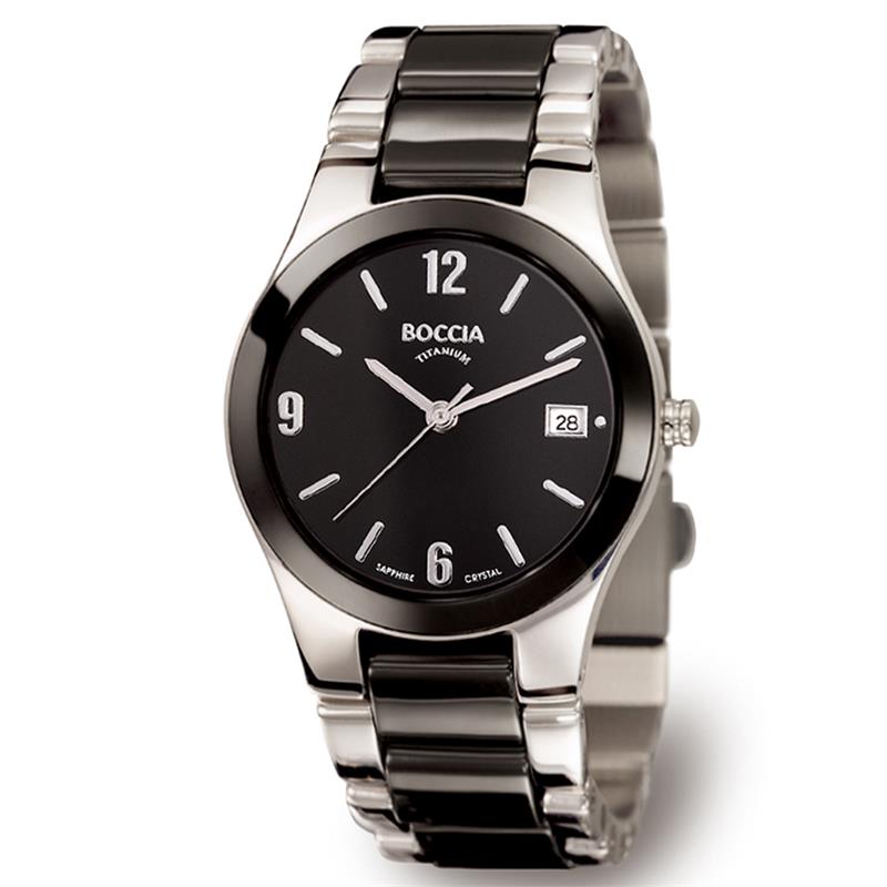 Entdecken Sie die Uhr mit Modellnummer 3189-02: ein eleganter Zeitmesser mit Quarzwerk und Analoganzeige. Gehäuse aus Titan und Saphirglas mit silbernem Runddesign. Schwarzes Keramikarmband mit Streifen auf dem Zifferblatt. Wasserdicht bis 5 ATM. Perfekt für den täglichen Gebrauch oder Anlässe. Tragen Sie sie mit Ihrem Lieblingsoutfit für zeitlose Eleganz.