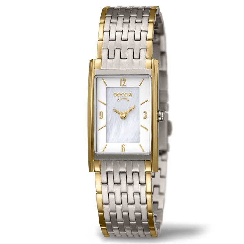 Boccia Titanium 3212-09
Dit dameshorloge van Boccia Titanium heeft een nette uitstraling. De tweekleurige rechthoekige horlogekast zorgt voor een stijlvolle look en de parelmoer wijzerplaat maakt het horloge net wat meer chique. Het horloge heeft een rechthoekige kast met een diameter van 21mm, een mineraalglas en is 5ATM. Combineer dit prachtige exemplaar met de andere sieraden van Boccia Titanium voor een complete look. Aan de titanium kast zit een titanium fijne bi-color schakel band.

HET MERK
Boccia Titanium is het titanium merk van Nederland, dat zijn oorsprong in Duitsland vindt en is opgericht in het jaar 1992. Ontwikkeld door internationale ontwerpers. Alle titanium componenten van de BOCCIA TITANIUM collectie zijn gemaakt van 99,7% puur titanium; het bijzondere materiaal. Het is licht in gewicht, neemt de temperatuur van de huid aan en is zeer huidvriendelijk. Bovendien is het corrosie- en temperatuurbestendig.

SPECIFICATIES
- Mineraal glas
- Rechthoekige titanium horlogekast, Ø 21mm
- Titanium band
- Parelmoer wijzerplaat
- 5ATM (Regen- & spatwaterdicht)