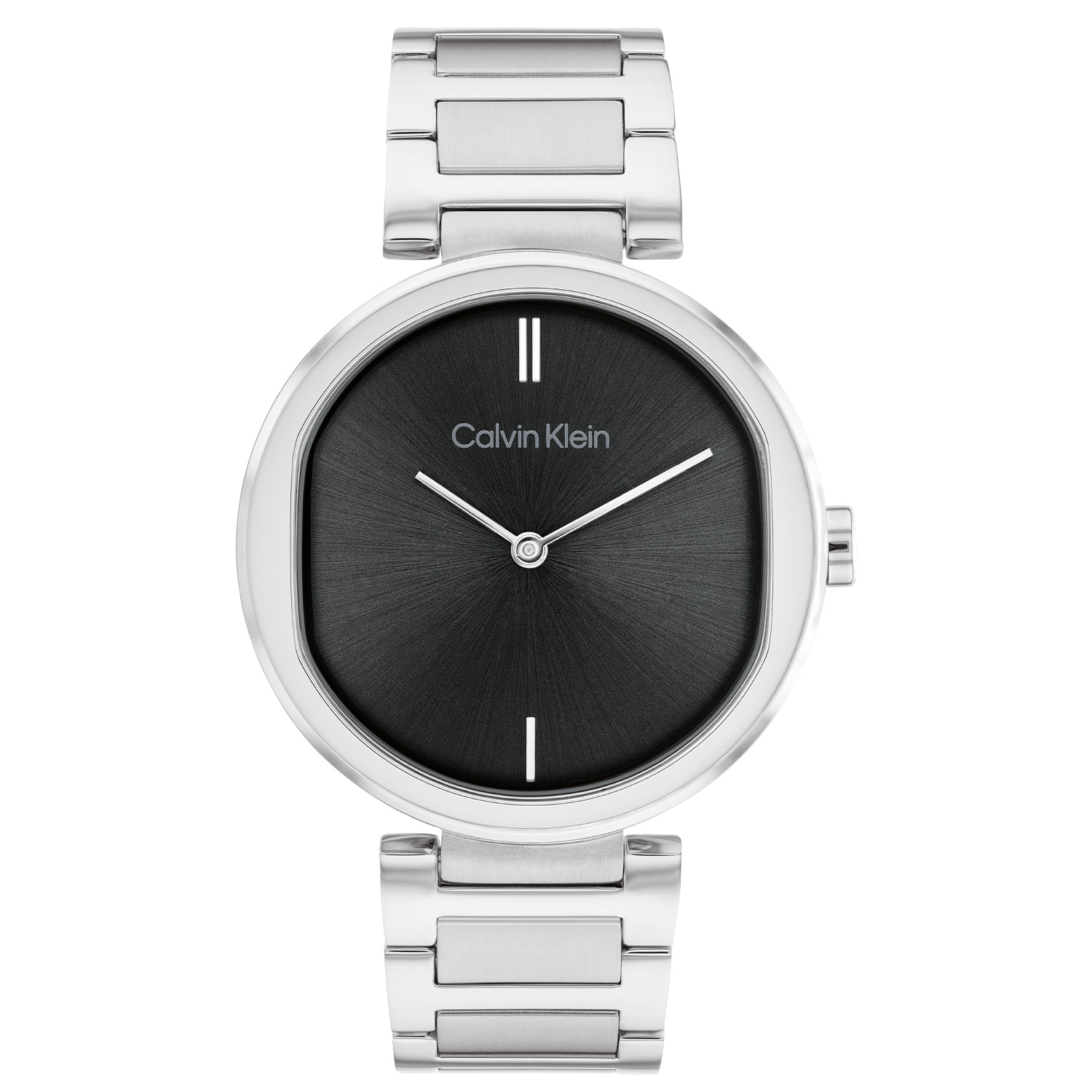 Dit Calvin Klein horloge, uit de Sensation collectie, heeft een stalen band en kast. De wijzerplaat is zwart met zilverkleurige indexen en wijzers