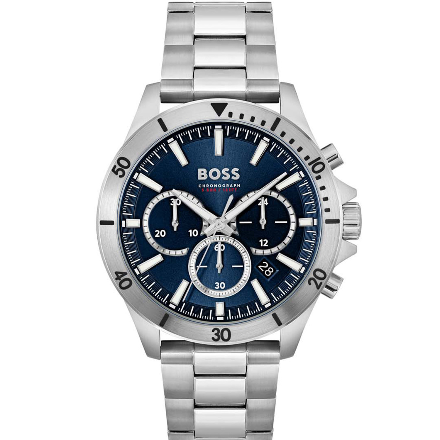 BOSS HB1514069 TROPER 44mm  
Dit BOSS horloge uit de Troper serie met artikelnr: HB1514069 heeft een stoere uitstraling. Het herenhorloge heeft een zilverkleurige stalen horlogekast met een bedrukte bezel en een blauwe wijzerplaat met chronograaf en datumaanduiding. De lumibrite wijzers en streepjes geven het horloge een sportieve uitstraling. Aan de kast zit een zilverkleurige stalenband met een vouwsluiting. De kast van het horloge heeft een doorsnee van 44mm met mineraalglas en is 5 ATM. 

HET MERK:
HUGO BOSS is afgestemd op levensstijlen waar het gaat om kwaliteit en precisie. Het wereldwijde fashionlabel is verdeeld in twee merken: BOSS en HUGO. Het merk BOSS biedt geavanceerde, moderne horloges gericht op kwaliteit en design om een onberispelijke look te creëren – of het nu zakelijk, casual of sportief is. De horloge collectie van BOSS is perfect afgestemd op levensstijlen waar het gaat om kwaliteit en precisie. BOSS is op maat gemaakt in een onberispelijke stijl.

Blijf stijlvol bij de tijd. Voor de BOSS-vrouw is stijl het handelsmerk en draait alles om
details. Breng uw look naar een hoger niveau met onze nieuwe en kenmerkende horlogecollectie.

SPECIFICATIES:
- Mineraalglas
- Ronde kastvorm, Ø 44mm
- Zilverkleurige stalen horlogekast
- Blauwe wijzerplaat
- Zilverkleurige schakelband