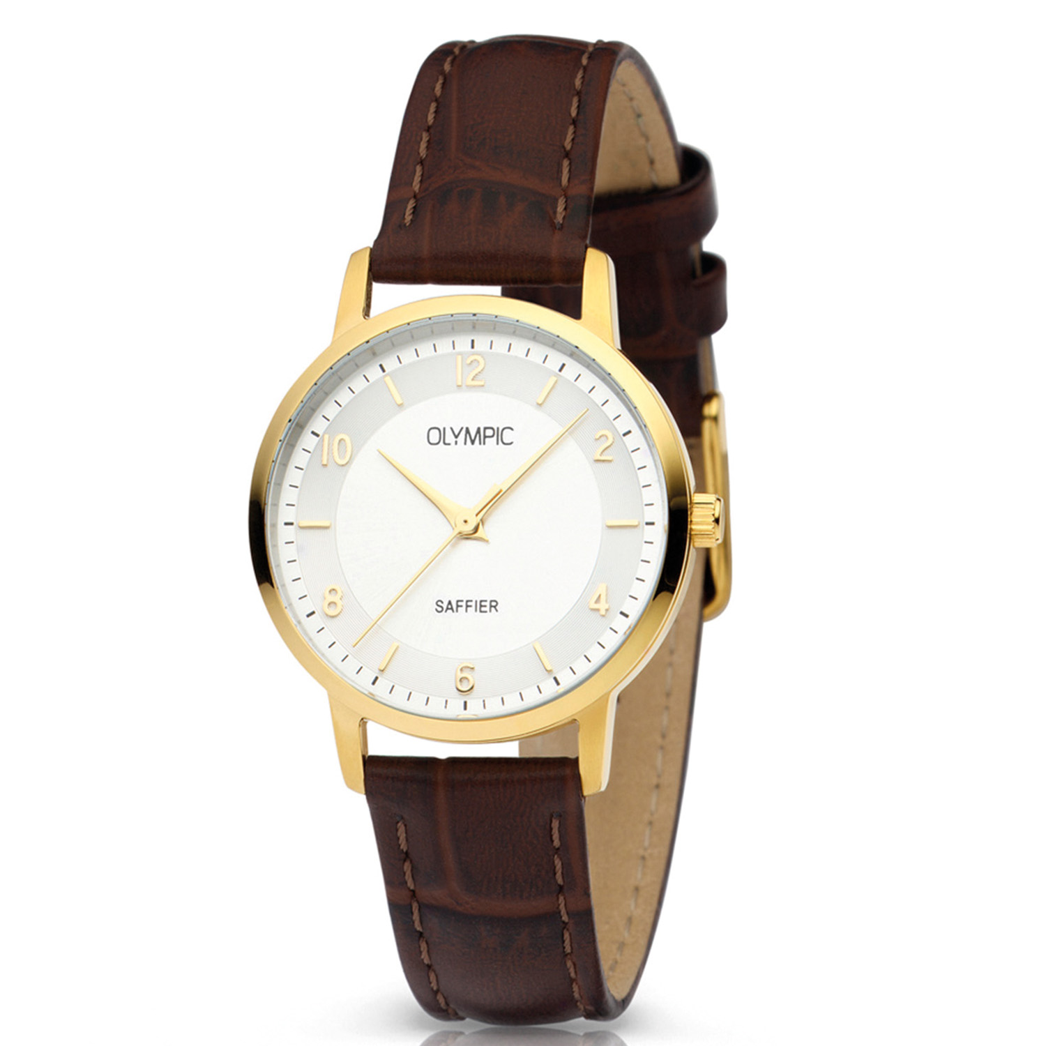 Olympic OL26DDL010 EMMA Horloge - Leer - Goudkleurig - 29mm
Dit unieke Olympic horloge met artikelnummer: OL26DDL010 is een stijlvol dameshorloge en heeft een hele klassieke uitstraling. De goudkleurige stalen kast heeft een champagnekleurige wijzerplaat met wisselend arabische cijfers en streepjes als uurs-aanduiding. Aan het fijne horloge is een bruine leren crocoprint band geplaatst met een goudkleurige gesp. Het horloge heeft een saffierglas, een doorsnee van 29mm en is 5 ATM.

Waterdichtheid 5 ATM
Dit horloge is bestand tegen water bij het zwemmen en douchen. Dit horloge is niet bestand tegen (grote) waterdruk dus je kunt er niet mee duiken.

Het merk:
Het Nederlandse horlogemerk Olympic levert stoere chronografen, slimline series, digitale uurwerken en elegante dameshorloges. De prijs-kwaliteitverhouding staat bij Olympic hoog in het vaandel met prijzen die uiteenlopen van € 34,95 tot en met € 149,00.

100% Nederlands ontwerp, waterdicht en standaard 3 jaar fabrieksgarantie.

Specificaties:
- Ronde kast Ø 29mm
- Goudkleurige stalen horlogekast
- Champagnekleurige wijzerplaat
- Bruin leren horlogeband
- 5 ATM (Regen- & spatwaterdicht)
- Standaard 3 jaar fabrieksgarantie
- Saffierglas