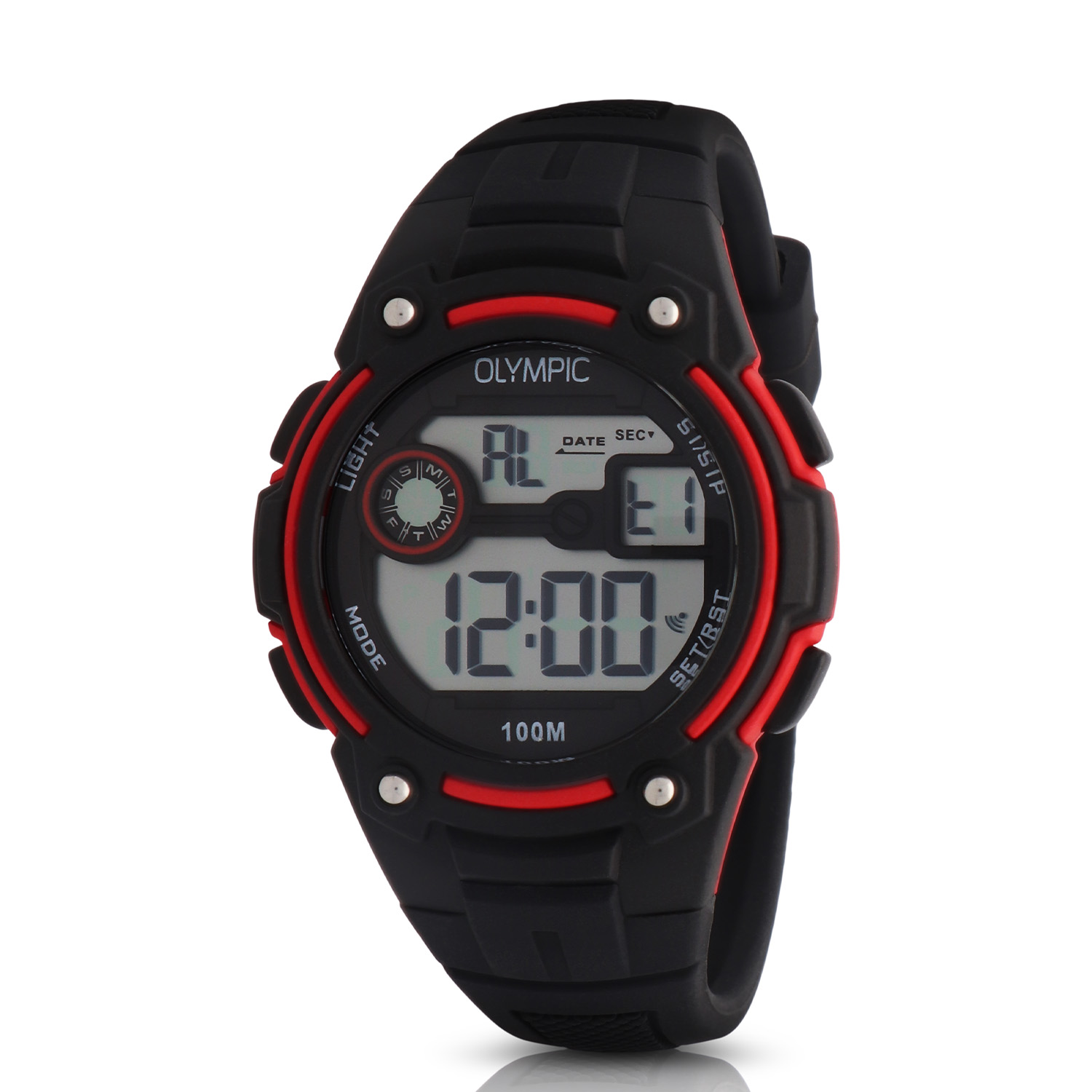 Olympic OL45HKR015 Digital Horloge Kids Zwa/Rood 35mm Dit unieke Olympic horloge met artikelnummer: OL45HKR015 is een digitaal kinder horloge met een sportieve uitstraling. De kunststof kast heeft 4 drukknoppen waarmee je de verschillende functies kan bedienen. De horloges zijn in verschillende kleur samenstellingen en verschillende grootte te krijgen. Het horloge heeft tijd,- datum,- dag,- aanduiding. Ook heeft het een timer, alarm en stopwatch functie. Dit geeft het horloge vele mogelijkheden. Aan de kast zit een gelijk gekleurde siliconen band met een gespsluiting. Het horloge heeft een kunststofglas, een doorsnee van 35mm en is 10ATM. Waterdichtheid 10ATM Dit horloge is bestand tegen water bij het zwemmen en douchen. Dit horloge is niet bestand tegen (grote) waterdruk dus je kunt er niet mee duiken. Het merk: Het Nederlandse horlogemerk Olympic levert stoere chronografen, slimline series, digitale uurwerken en elegante dameshorloges. 