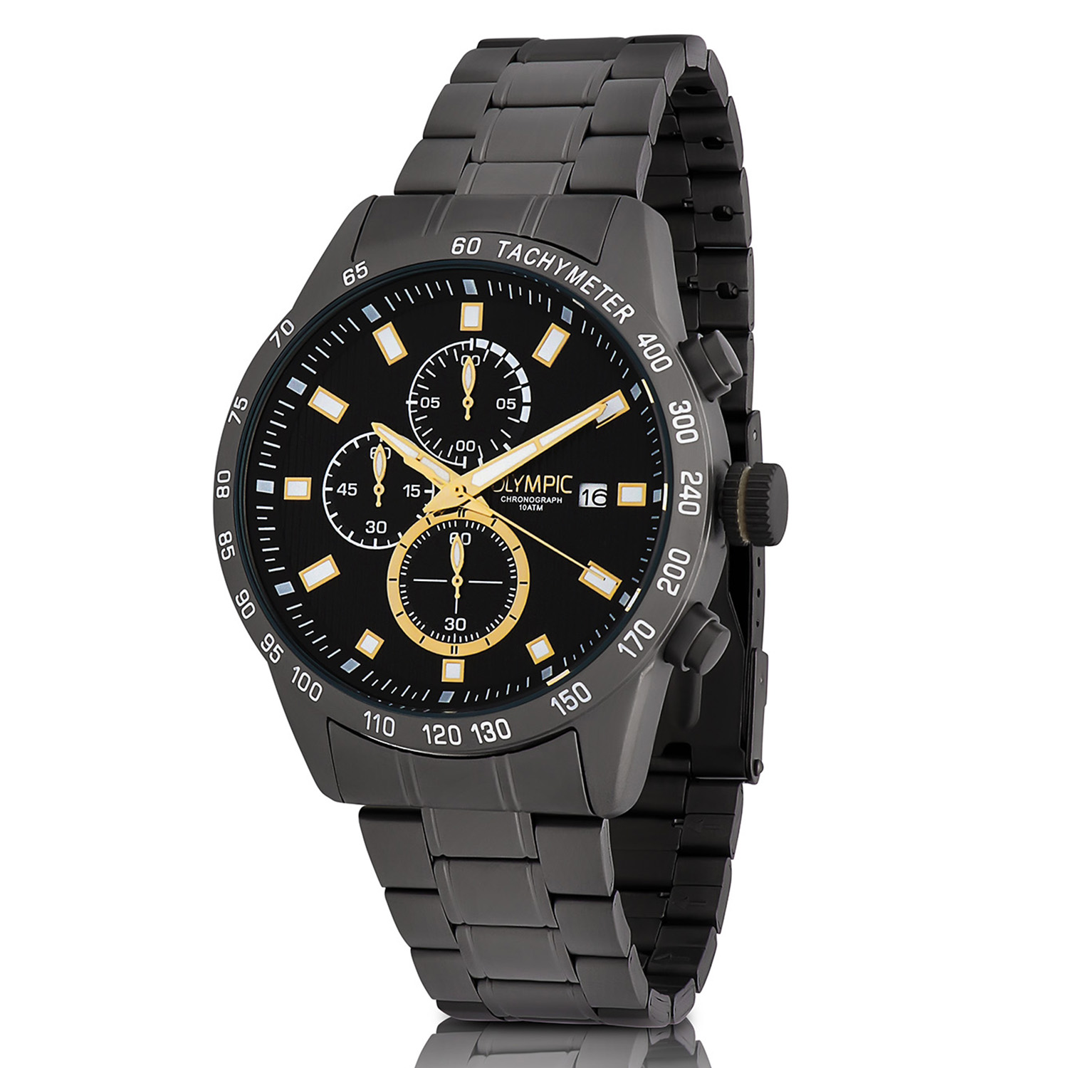 Olympic OL72HGG001 MAX Horloge - Gunmetal -Bracelet - Zwart - 44mm 
Dit unieke Olympic horloge met artikelnummer: OL72HGG001 is een herenhorloge met chronograaf en heeft een sportieve uitstraling. De stalen grijze kast heeft een grijze bezel met een tachymeter en een zwarte wijzerplaat met een datum en chronograaf. De uursaanduiding is opvallend door de lumibrite strepen en wijzers. De goudkleurige accenten geven het horloge een chique uiterlijk. Aan de stalen kast zit een grijze stalen schakelband met een vouwsluiting. Het horloge heeft een mineraalglas, een doorsnee van 44mm en is 10ATM.

Waterdichtheid 10ATM
Dit horloge is bestand tegen water bij het zwemmen en douchen. Dit horloge is niet bestand tegen (grote) waterdruk dus je kunt er niet mee duiken.

Het merk:
Het Nederlandse horlogemerk Olympic levert stoere chronografen, slimline series, digitale uurwerken en elegante dameshorloges. De prijs-kwaliteitverhouding staat bij Olympic hoog in het vaandel met prijzen die uiteenlopen van € 34,95 tot en met € 159,00.

100% Nederlands ontwerp, waterdicht en standaard 3 jaar fabrieksgarantie.

Specificaties:
- Ronde kast Ø 44mm
- Gunmetal stalen horlogekast
- Zwarte wijzerplaat
- Gunmetal stalen schakelband
- 10ATM 
- Standaard 3 jaar fabrieksgarantie
- Mineraalglas