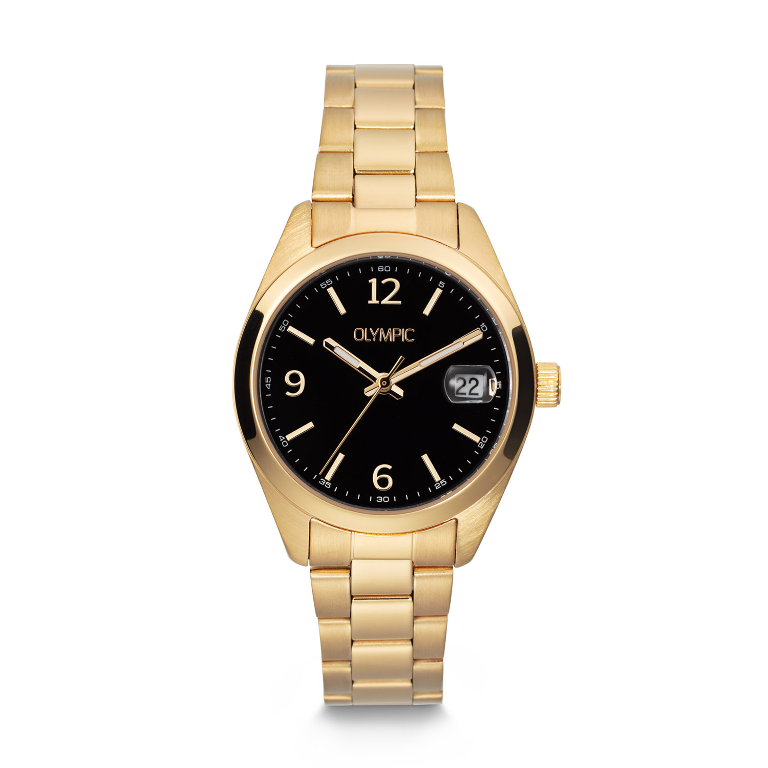 Olympic OL75DDD002 Louise Horloge Dames Staal 33mm 
Dit unieke Olympic horloge met artikelnummer: OL75DDD002 is een classic dameshorloge. Het horloge heeft een stalen goudkleurige kast met een glanzende goudkleurige bezel, een zwarte wijzerplaat met streepjes als uursaanduiding en een datum. Aan de kast zit een goudkleurige stalen schakelband met een vouwsluiting. Het horloge heeft een mineraalglas, een doorsnee van 33mm en is 5ATM.

Het merk:
Het Nederlandse horlogemerk Olympic levert stoere chronografen, slimline series, digitale uurwerken en elegante dameshorloges. De prijs-kwaliteitverhouding staat bij Olympic hoog in het vaandel met prijzen die uiteenlopen van &euro; 34,95 tot en met &euro; 159,00.

100% Nederlands ontwerp, waterdicht en standaard 3 jaar fabrieksgarantie.

Specificaties:
- Ronde kast &Oslash; 33mm
- Stalen goudkleurige horlogekast
- Zwarte wijzerplaat
- Stalen goudkleurige schakelband
- 5ATM 
- Standaard 3 jaar fabrieksgarantie
- Mineraalglas