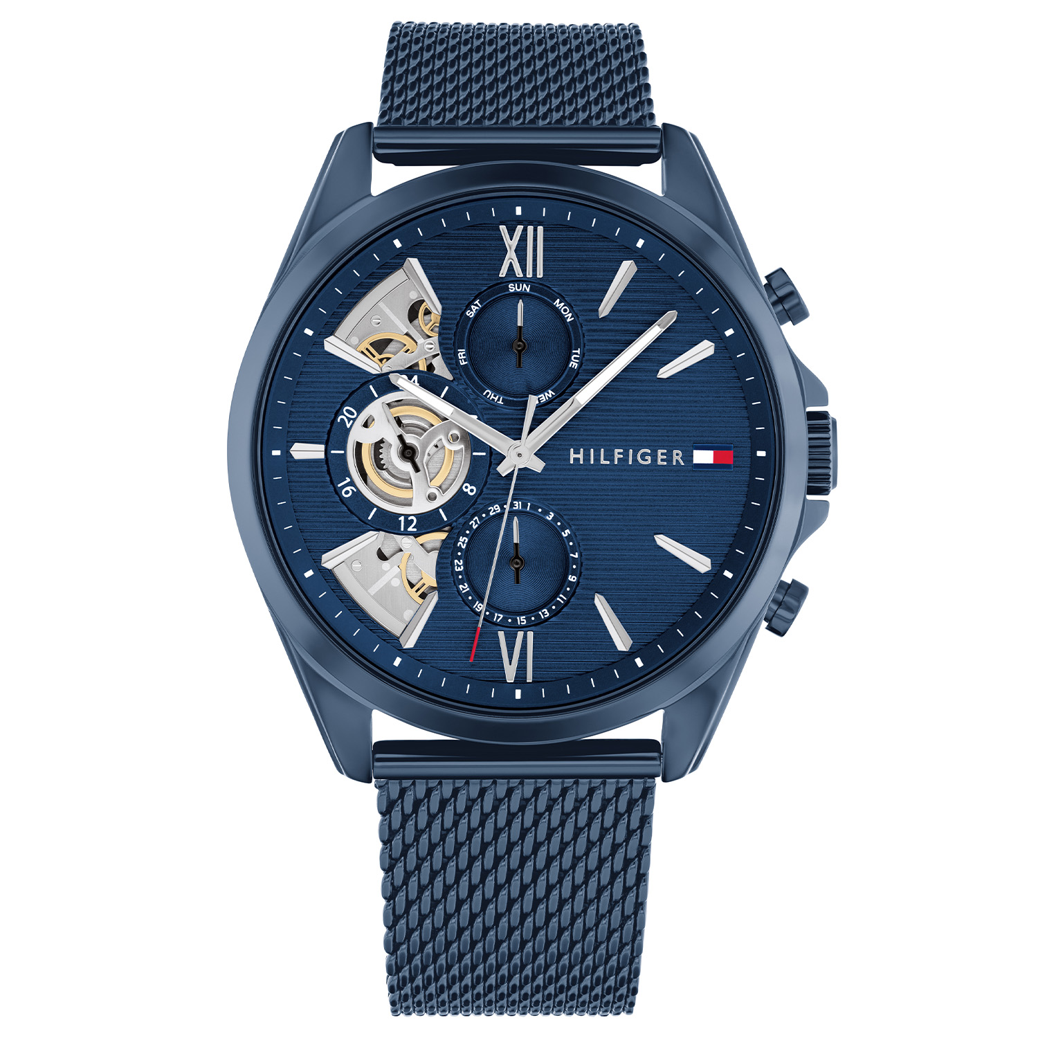 Tommy Hilfiger TH1710648 Horloge Heren Staal Blauw 44mm
Dit specifieke horloge van Tommy Hilfiger uit de Baker serie met artikelnr: TH1710648 is een stoer herenhorloge die zeker in je collectie past. Het stalen herenhorloge heeft een ronde blauwe kast met een gladde bezel en een blauwe wijzerplaat met dag,- datum en 24-uursaanduiding en zilverkleurige wijzers en accenten. De blauwe milanese band is op lengte verstelbaar en heeft een druksluiting. Het horloge heeft een mineraalglas, een doorsnee van 44mm en is 5ATM. 

Het merk:
Sinds de lancering van het merk in 1985 is Tommy Hilfiger wereldwijd bekend geworden als pionier van de klassieke Amerikaanse coole stijl. Geïnspireerd door de iconische popcultuur en het Amerikaanse erfgoed. De dames en herencollectie van dit seizoen bestaan uit minimalistische silhouetten en rustieke lederen details. De herenhorlogecollectie biedt iconische uurwerken met roestvrijstalen, lederen en siliconen banden.

Specificaties:
- Mineraalglas
- Ronde kast 44mm
- Blauwe horlogekast
- Blauwe wijzerplaat
- Blauwe milanese band 
- 5ATM