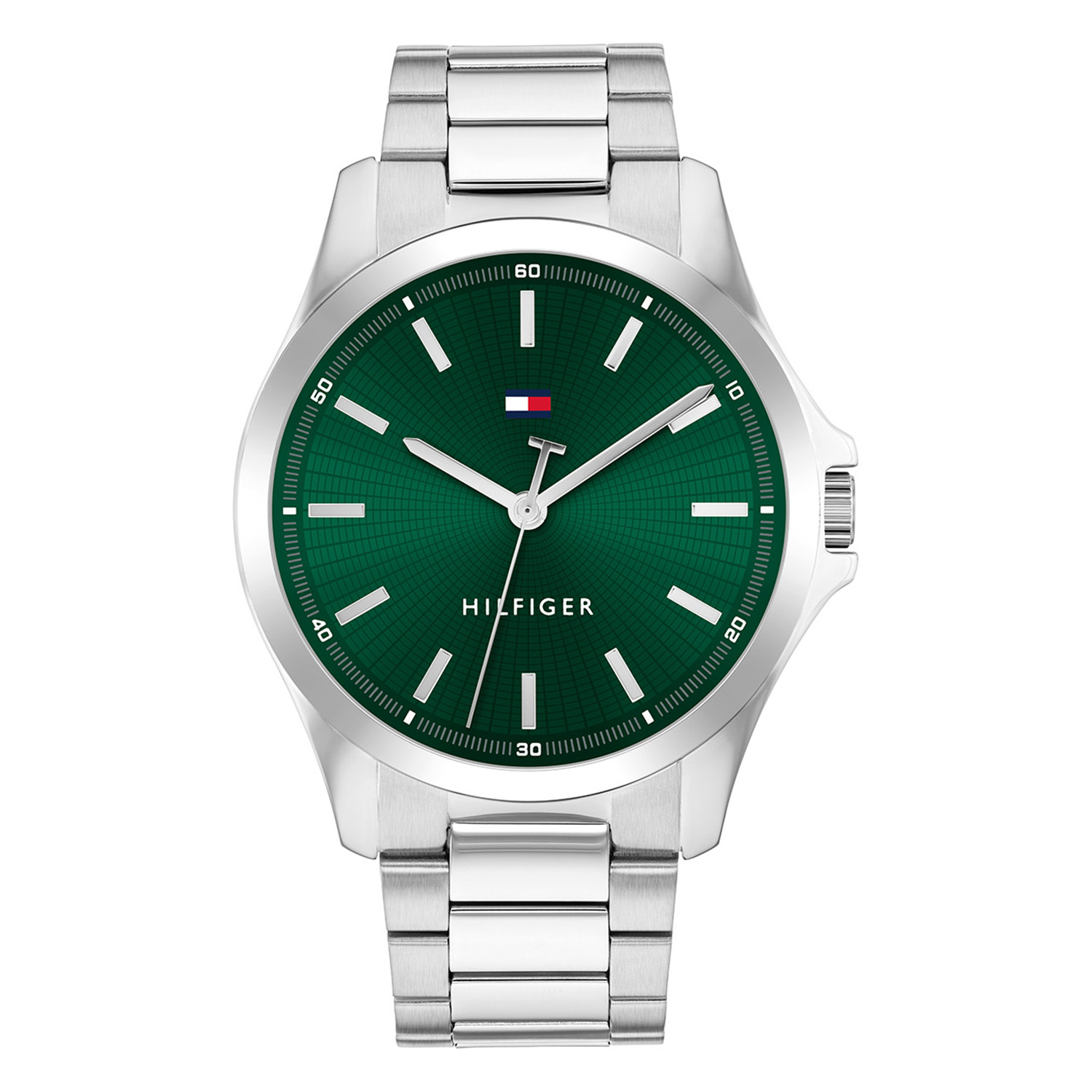 Tommy Hilfiger TH1710672 Horloge Heren Staal Zilverkleurig 43mm
Dit specifieke horloge van Tommy Hilfiger uit de Bruce serie met artikelnr: TH1710672 is een sportief herenhorloge die niet in je collectie mag ontbreken. Het stalen herenhorloge heeft een zilverkleurige ronde kast met een gladde bezel en een groen geborstelde sunray wijzerplaat. Aan het horloge zit een zilverkleurige schakelband met een vouwsluiting. Het horloge heeft een mineraalglas, een doorsnee van 43mm en is 3ATM.  

Het merk:
Sinds de lancering van het merk in 1985 is Tommy Hilfiger wereldwijd bekend geworden als pionier van de klassieke Amerikaanse coole stijl. Geïnspireerd door de iconische popcultuur en het Amerikaanse erfgoed. De dames en herencollectie van dit seizoen bestaan uit minimalistische silhouetten en rustieke lederen details. De herenhorlogecollectie biedt iconische uurwerken met roestvrijstalen, lederen en siliconen banden.

Specificaties:
- Mineraalglas
- Ronde kast 43mm
- Zilverkleurige horlogekast
- Groene wijzerplaat 
- Zilverkleurige schakelband 
- 3ATM