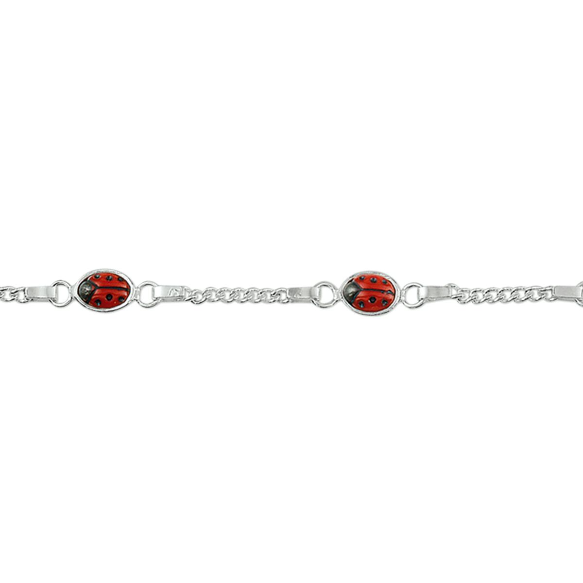 Beschrijving: Zilveren armband met lieveheersbeestjes. De lengte van de armband bedraagt 11cm met 2cm extensie. 
Doelgroep: kinderen
Kortste lengte: 11 cm
Langste lengte: 13 cm