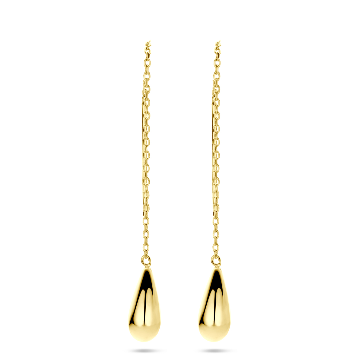 14k Geelgouden doortrekoorbellen uitgevoerd met een druppel. De doortrekoorbellen hebben een totale hoogte van 48mm.