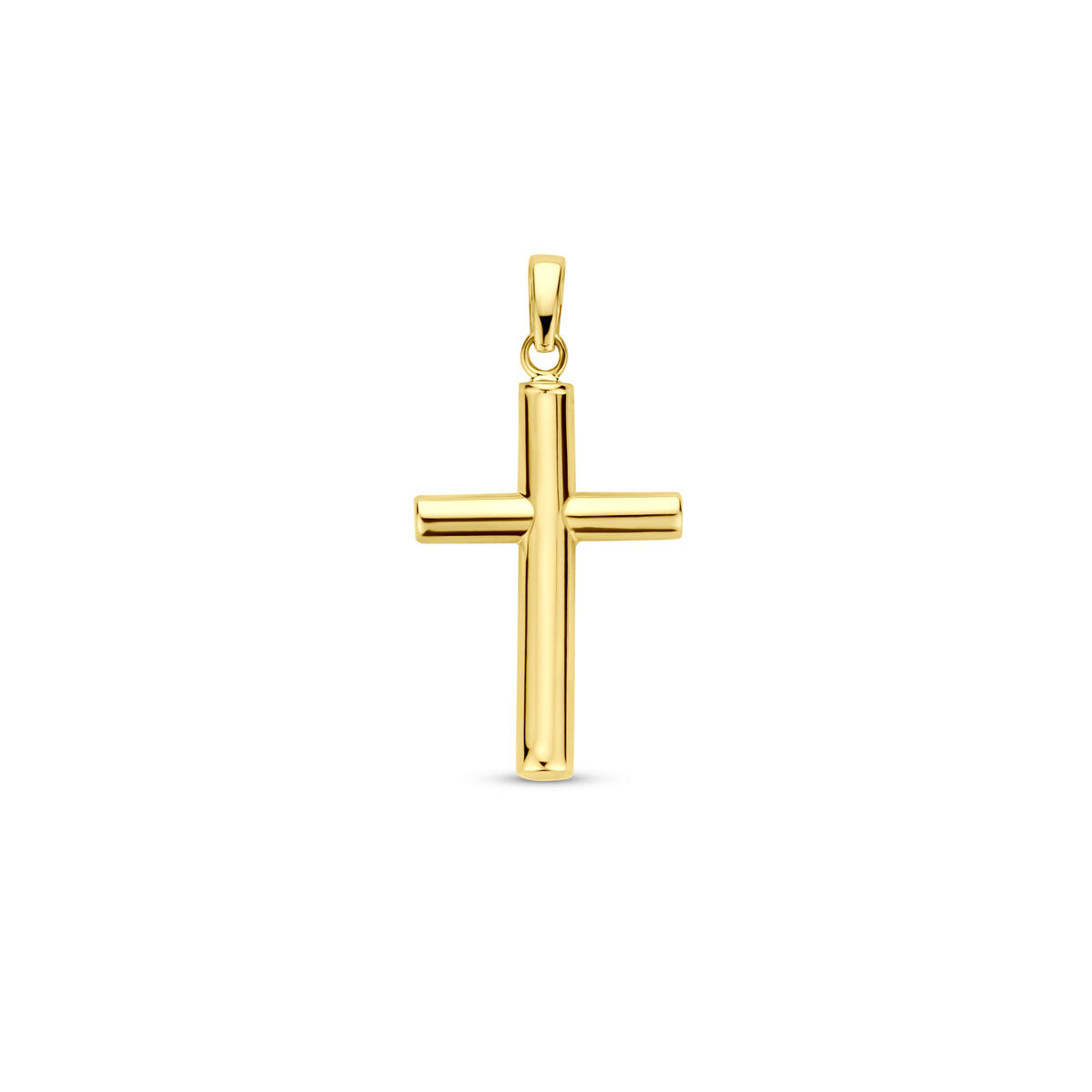 14k Geelgouden hanger in de vorm van een kruis. De hanger heeft een totale hoogte van 28mm en een afmeting van 20x14mm.