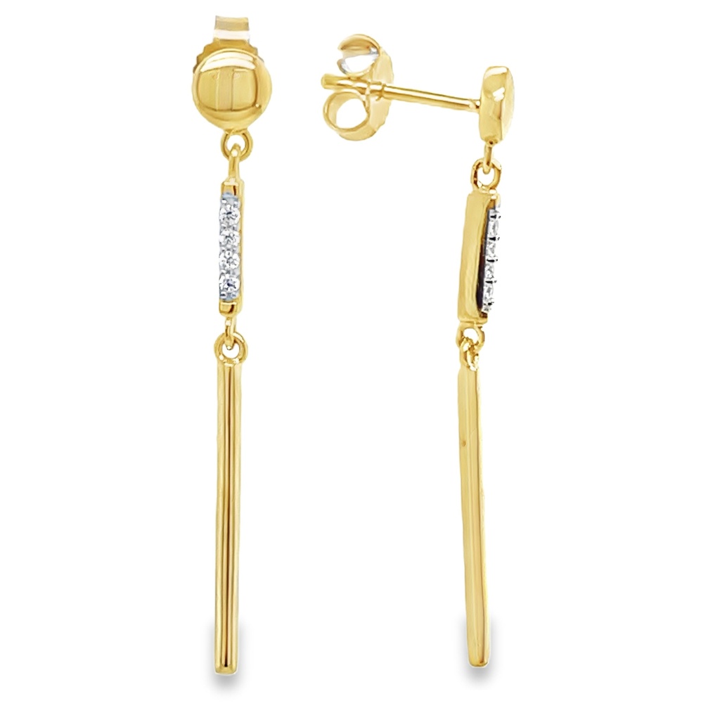 Geelgouden oorhangers staafjes met Zirkonia
Materialen: Goud 585
Materiaal kleur: Geel
Stenen: Zirkonia
