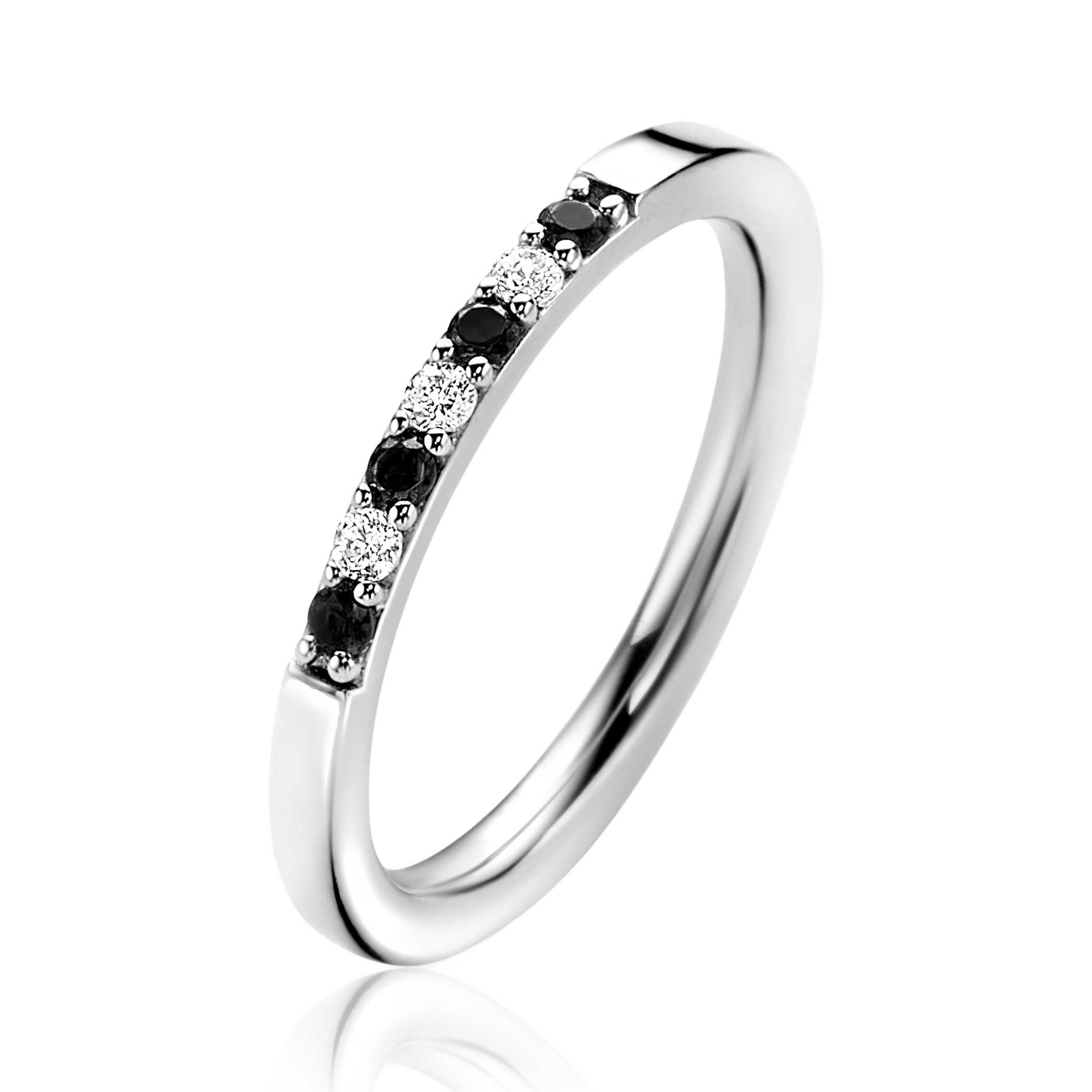 ZINZI zilveren aanschuifring met witte en zwarte zirkonia's, sierlijk gezet in chaton zettingen. Deze ring is 2mm breed. Ideaal om af te wisselen of mee te combineren met je andere Zinzi aanschuifringen. Mix & match. Vervaardigd van eerste gehalte zilver (925) en met extra rodiumlaag voor een langdurige glans.