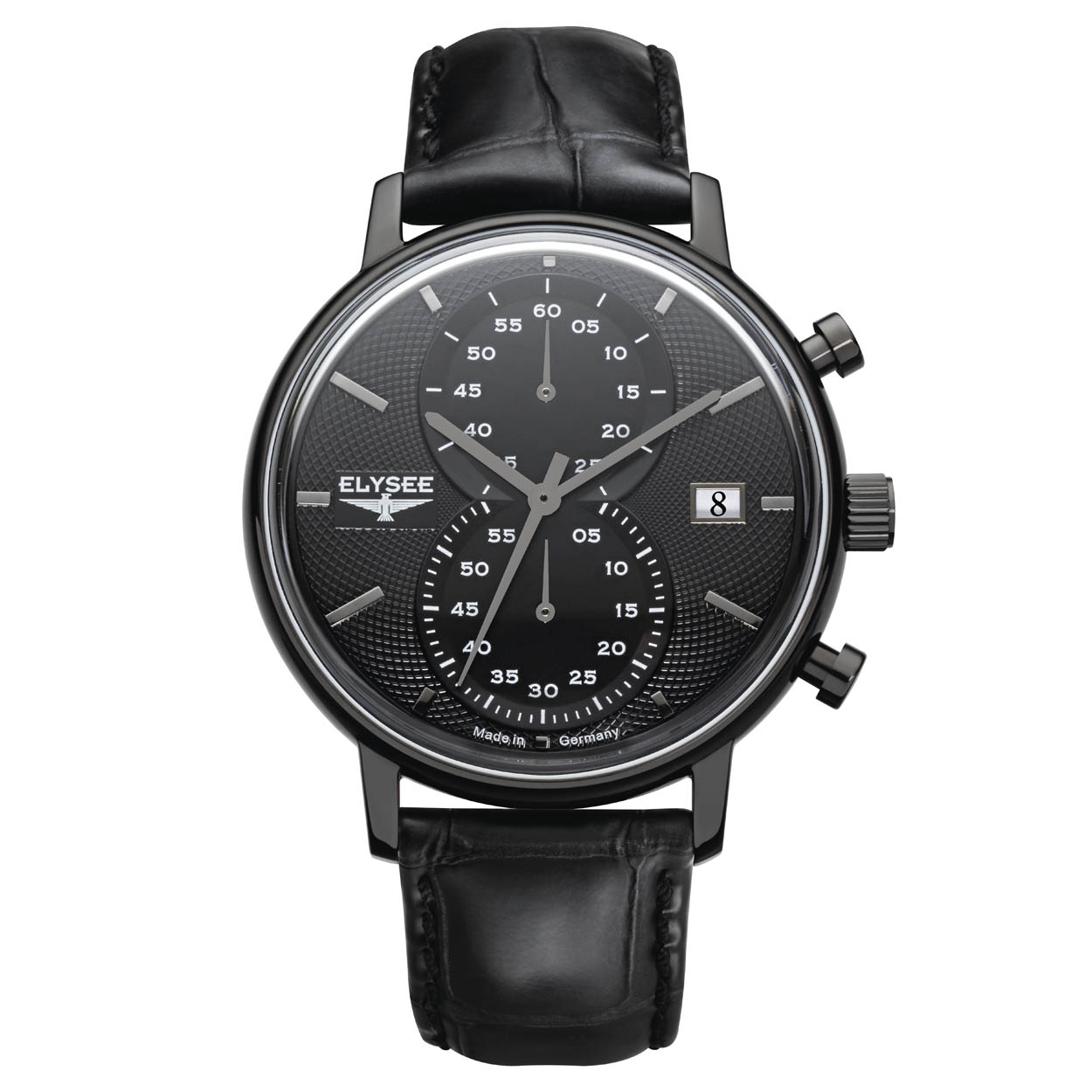 Elysee 83822 heren Minos chronograaf horloge edelstaal saffierglas 5 ATM 		
		
Algemeen		
Geslacht: heren		
Model: EL.83822		
		
Voordelen		
- band echt leer zwart (zwart kleurig stiksel)		
- chronograaf/stopwatch		
- mili seconde wijzer (onderdeel chronograaf)		
- wijzerplaat zwart met grijze streepjes		
- glas is zeer krasvast		
- spat waterdicht: handenwassen, regen		
- quartz		
- maat kast 42mm (breedte) 12,4mm (dikte)		
		
A terrific mens watch. The decorative dial draws the attention of the viewer to this chronograph. Shade by shade, in comes the pink-coloured and black-ionised case. The silver-coloured MINOS receives a further highlight with its blue numbers and hands.The lightly domed sapphire-glazed lens is anti-reflective and very hard-wearing.		
		
		
		
