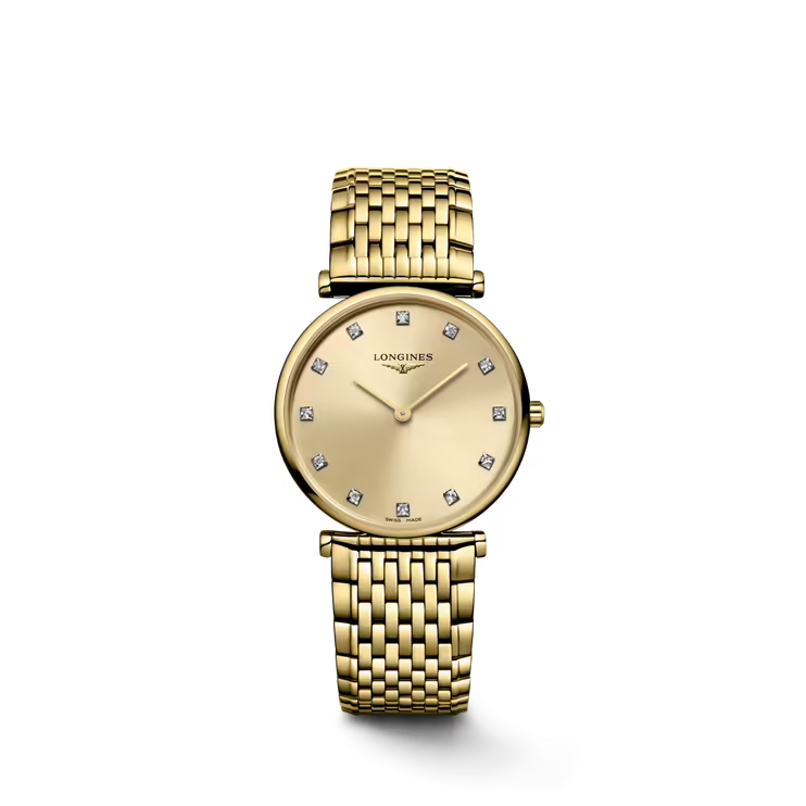 Dit Longines horloge behoort tot de La Grande Classique collectie.
Referentienummer: L4.512.2.37.8

De Longines is voorzien van een Quartz uurwerk. De kast en band zijn gemaakt van roestvrij staal met een geelgouden pvd coating. Het horloge heeft een diameter van 29 mm en is getest op een waterdichtheid van 3 ATM / 30 meter. De goudkleurige wijzerplaat is versierd met 12 top Wesselton VS-SI diamanten met een totaal van 0.081ct. Het horloge heeft een krasbestendig saffierglas met meerdere lagen anti-reflecterende coating aan beide zijden. Het platte horloge straalt klassieke elegantie uit