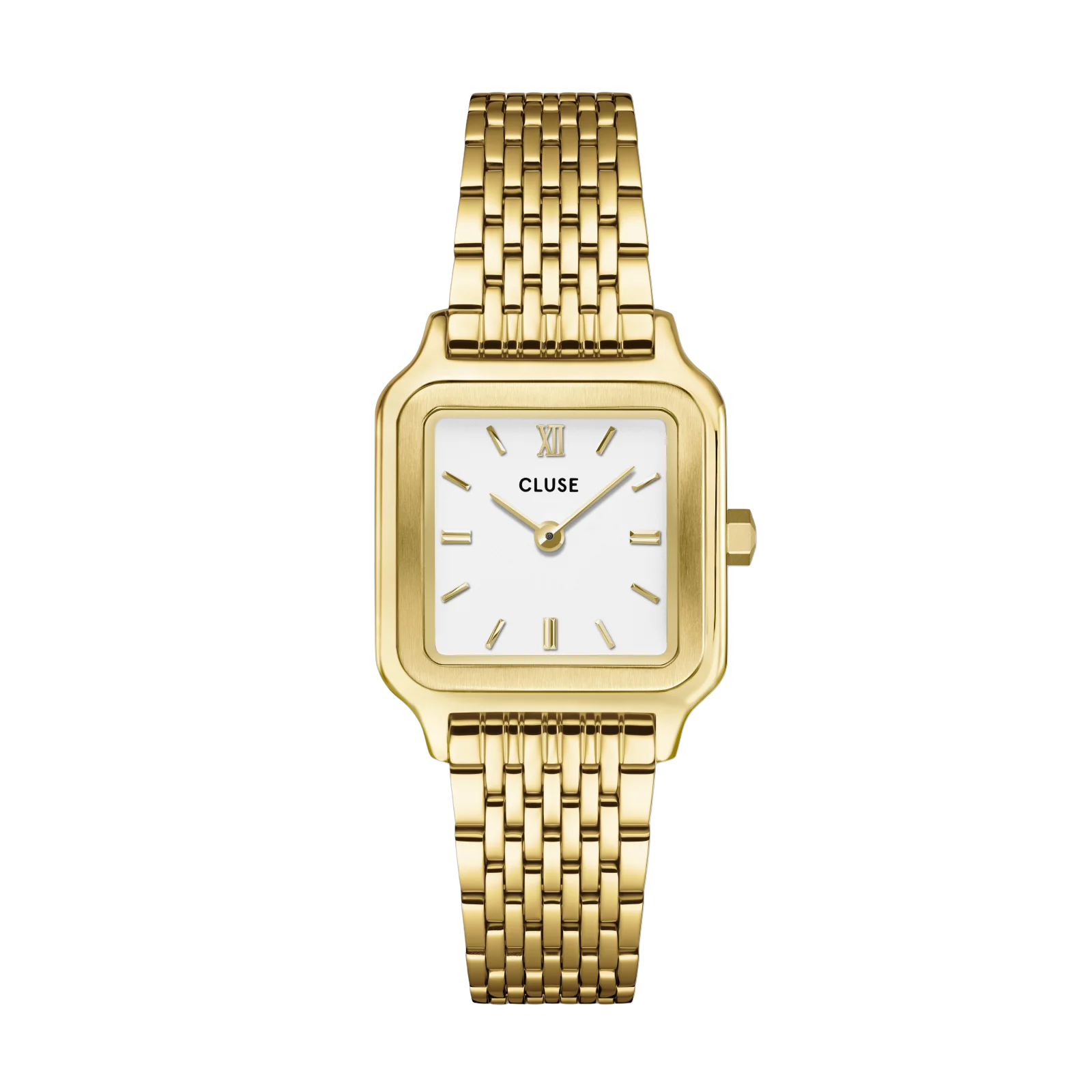 Het vierkante Gracieuse Petite horloge voor dames heeft een 24 mm goudkleurige kast, witte wijzerplaat en een 14 mm 9-schakelbandje van goudkleurig roestvrij staal.

Personaliseer eenvoudig je horloge met een CLUSE bandje van 14 mm. De maat van het horlogebandje kan je zelf aanpassen.