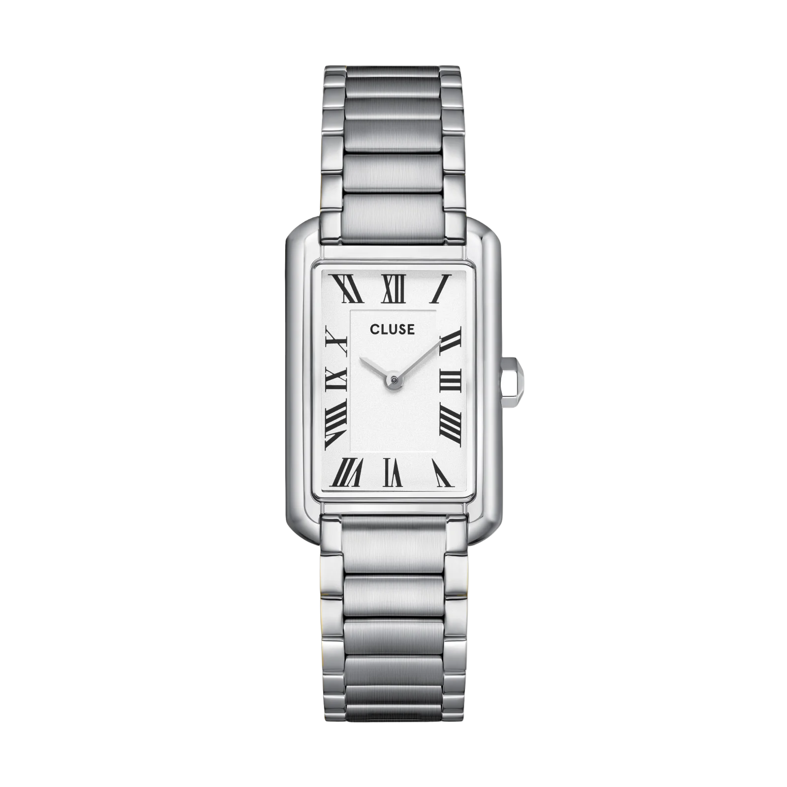 Het rechthoekige Belisenna horloge voor dames heeft een 21 mm zilverkleurige kast, witte vintage-look wijzerplaat en een 14 mm zilverkleurig 3-schakelbandje van roestvrij staal.

Personaliseer eenvoudig je horloge met een CLUSE bandje van 14 mm. De maat van het horlogebandje kan je zelf aanpassen.