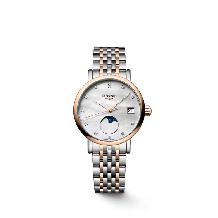 Dit Longines horloge behoort tot de Elegant collectie.
Referentienummer: L4.330.5.87.7

De Longines is uitgerust met een Quartz uurwerk. De kast en band zijn gemaakt van roestvrij staal en rose pvd coating. Het horloge heeft een diameter van 30 mm en is getest op waterdichtheid van 3 atm / 30 m. De witte mother-of-pearl wijzerplaat is versierd met 12 top-wesselton diamanten met een totaal van 0.040ct. Het horloge is voorzien van een maanfase op 6-uur. Het horloge heeft een krasbestendig saffierglas met meerdere lagen anti-reflecterende coating aan beide zijden