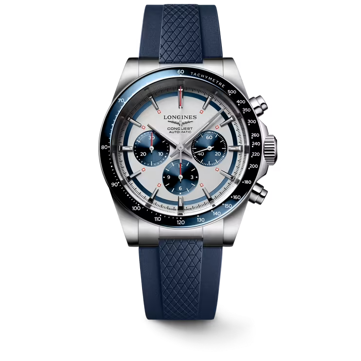 Dit Longines horloge behoort tot de Conquest collectie.
Referentienummer: L3.835.4.98.9

Dit Conquest horloge is uitgerust met een automatisch L898 uurwerk met een gangreserve van 59 uur. De kast is zijn gemaakt van roestvrij staal en de band van rubber. Het horloge heeft een diameter van 42 MM en is getest op een waterdichtheid van 10 ATM / 100 M. De zilver- matte wijzerplaat is voorzien van drie blauwe subwijzerplaten die het horloge voorzien van een kleine seconde wijzer, 12 uren teller en 30 minuten teller. De wijzers zijn voorzien van Zwitsers Super-LumiNova®. De keramische bezel is uitgerust met een witte tachymeterschaal. Het horloge heeft een krasvrij saffierglas met anti-reflectieve coating aan beide zijden.