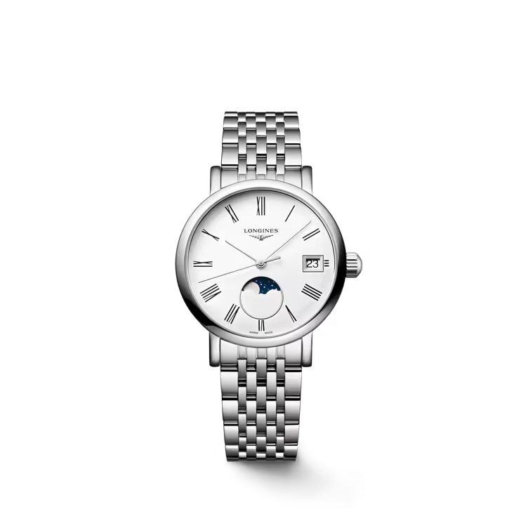 Dit Longines horloge behoort tot de Elegant collectie.
Referentienummer: L4.330.4.11.6

Dit Longines Elegant horloge is uitgerust met een quartz uurwerk. De kast en band zijn gemaakt van roestvrij staal. Het horloge heeft een diameter van 30 MM en is getest op een waterdichtheid van 3 ATM / 30 M. De witte wijzerplaat is voorzien van romeinse cijfers en een elegante maanfase op 6-uur. Het horloge heeft een krasvrij saffierglas met anti-reflectieve coating aan beide zijden.