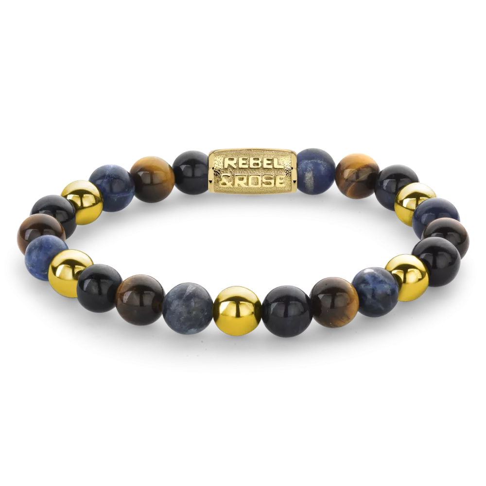 Bead armband, handgemaakt van 8mm Sodaliet, gele Tijgeroog, blauwe Tijgeroog stenen, en geelgouden stenen en sluiting gemaakt van 18 karaat goud ion-plated edelstaal. Het Rebel & Rose sieraad is makkelijk te combineren met andere zilveren, leren of kralenarmbanden.