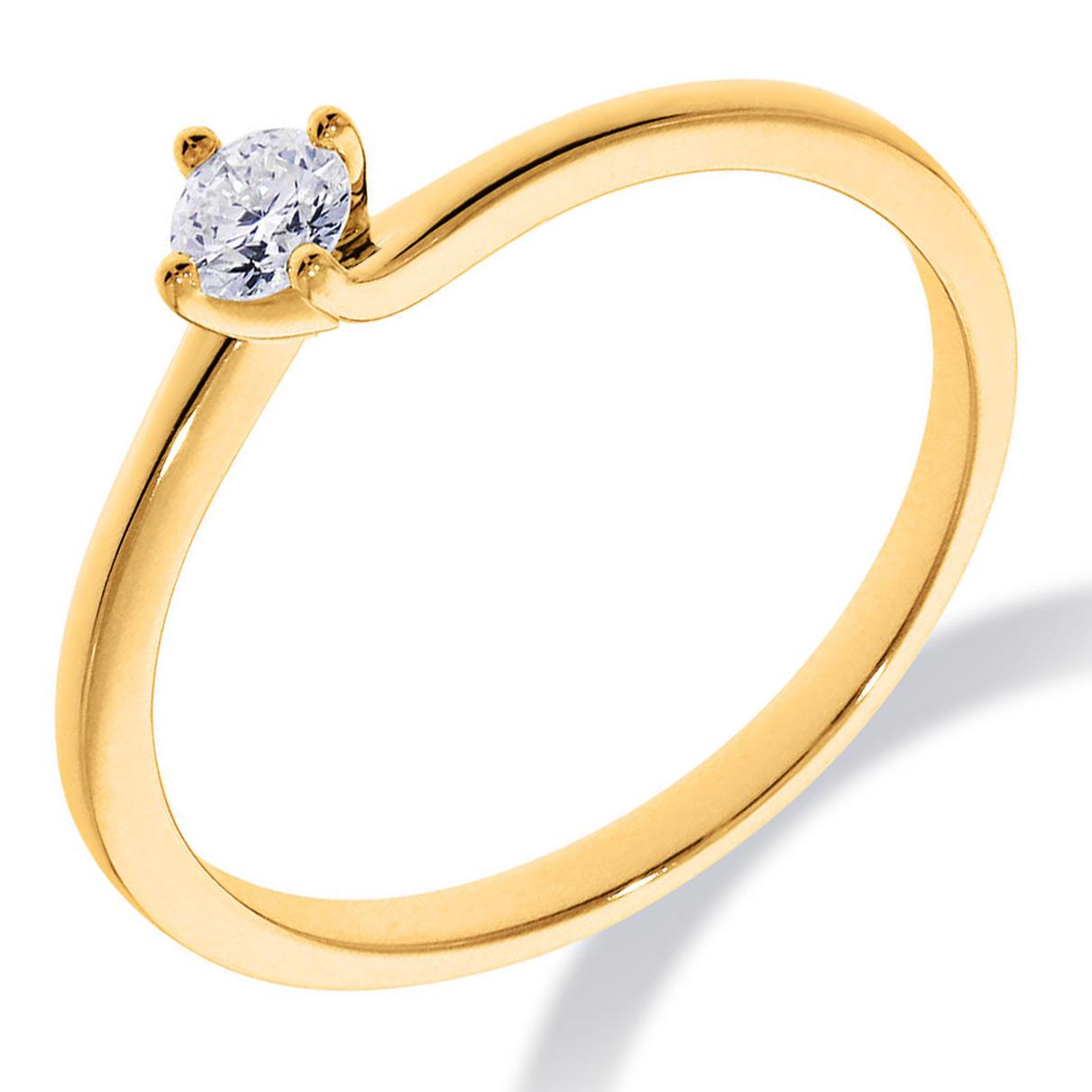 een 14 krt geelgouden solitair ring, met een diamant briljant geslepen 0.10 crt H SI.