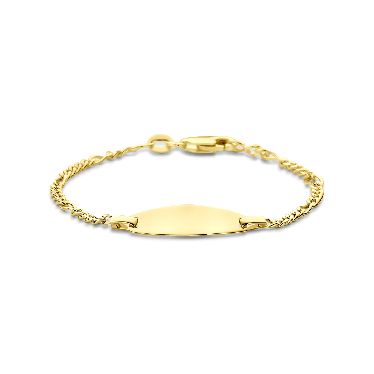 14k Geelgouden graveerarmband met draaglengtes van 11-13cm. Het graveerplaatje heeft een afmeting van 6.5x20mm. Uitgevoerd met karabijnsluiting.