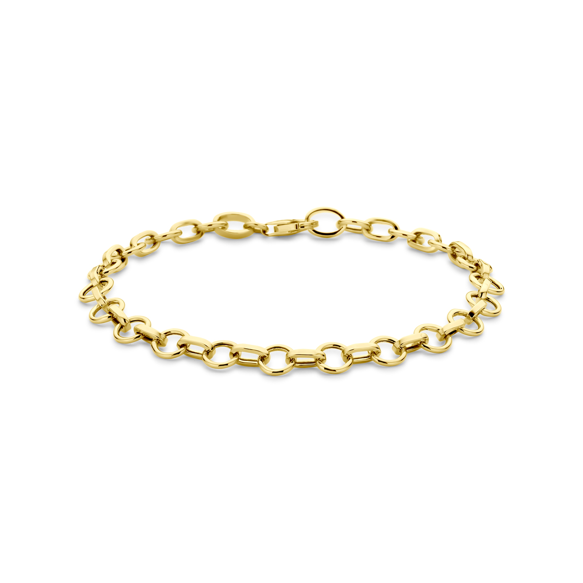 14k Geelgouden armband met een schakelbreedte van 6mm. De armband heeft een draaglengte van 19cm en is uitgevoerd met karabijnsluiting.