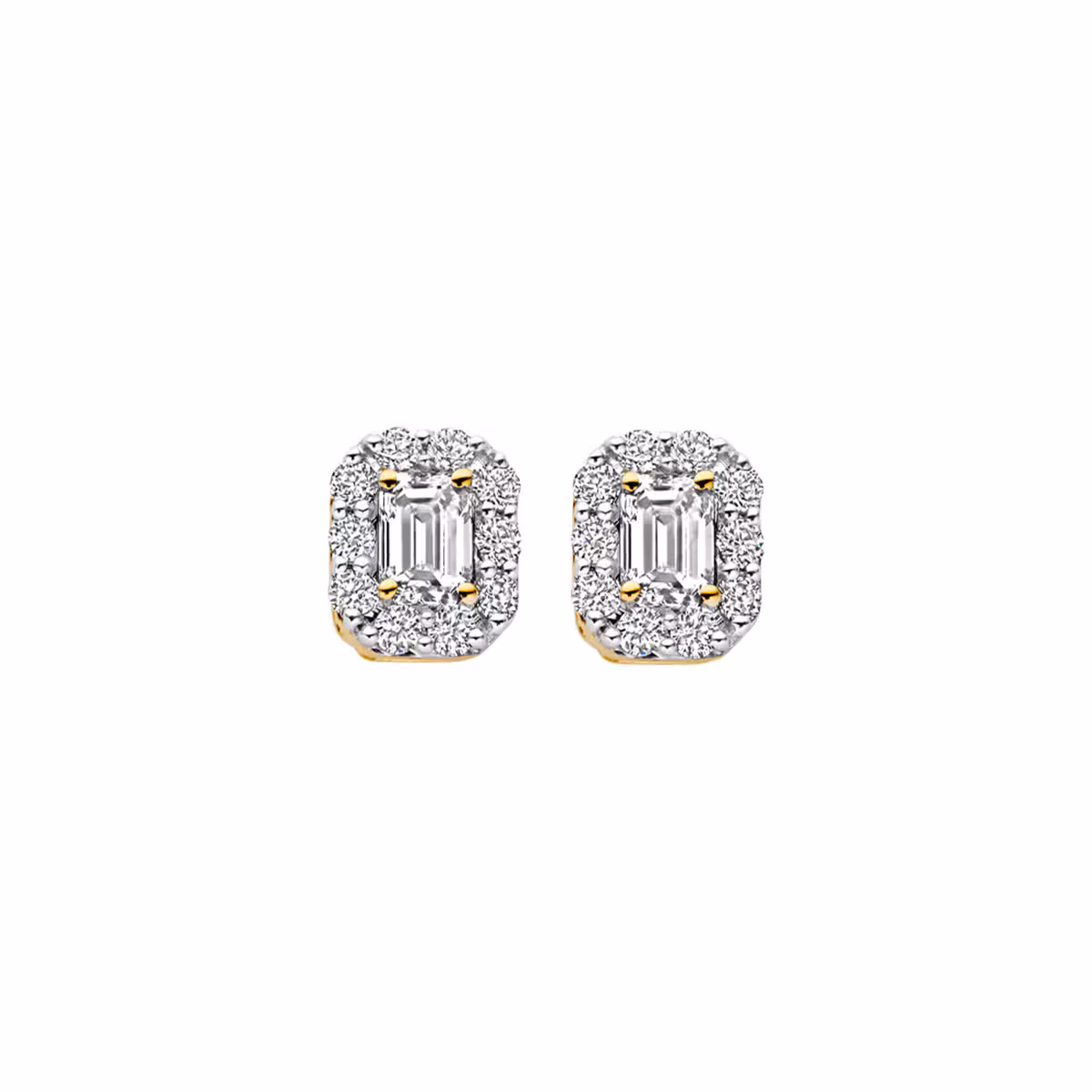 gouden Blush LG oorstekers, baguette+pave rand LG diamant
