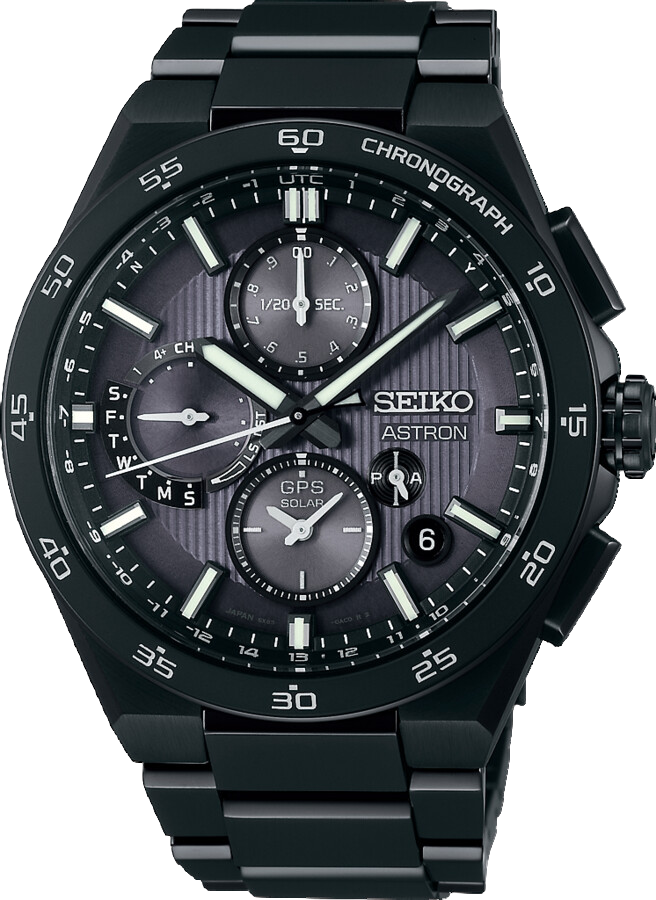 Het SEIKO 5X83 kaliber is een prestigieuze analoge GPS Solar Dual-Time Chronograaf. Dit horloge kan met een eenvoudige druk op de knop overal ter wereld zich instellen op de juiste tijdzone en hiermee de juiste lokale tijd weergeven. Op de wijzerplaat geeft de GPS-signaal indicator aan of het horloge verbinding maakt met het wereldwijde GPS netwerk. Ook laat het horloge zien met hoeveel satellieten het horloge verbinding maakt. Voor het bepalen van de juiste tijdzone is er verbinding nodig met minimaal 4 satellieten. Indien het horloge volledig is opgeladen maakt het horloge tot 2 keer per dag satellietverbinding met één satelliet om de tijd te corrigeren. Hierdoor is het 5X83 GPS Solar horloge extreem accuraat en kent het horloge slechts een afwijking van 1 seconde per 100,000 jaar. Indien nodig kan de lokale tijd ook handmatig worden gewijzigd. De slimme Perpetual Calendar functie zorgt ervoor dat het horloge tot het jaar 2100 altijd de juiste datum aangeeft. Het horloge beschikt over een Dual-Time, in-flight mode, een automatische DST aanpassing en het horloge beschikt over een chronograaf functie. De stopwatch kan tot 12 uren in stappen van 1/20 seconde meten. Een tussentijdsfunctie is voorzien. Een tweede tijd wordt weergegeven op de subdial op de wijzerplaat en een aparte AM/PM-indicatie. De ingebouwde horloge micro-GPS ontvanger verbruikt zó weinig energie, dat alle functies optimaal functioneren op lichtenergie, die wordt gegenereerd door de Solar wijzerplaat. Lees meer over dit kaliber in de gebruiksaanwijzing. 
