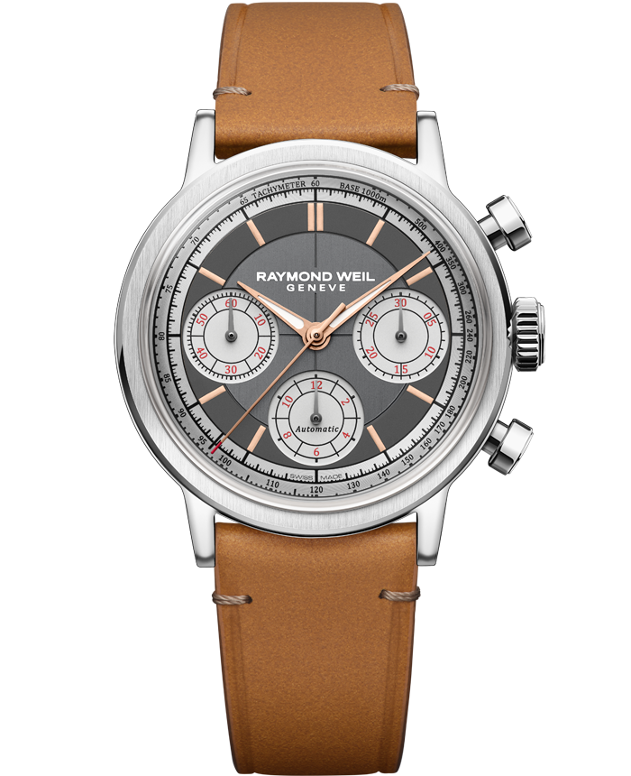 Dit is een horloge van het merk Raymond Weil gemaakt voor heren.
De specificaties zijn als volgt:
Kastmaat: 39,5 mm
Kastdikte: 12,9
Waterdichtheid: 5 ATM / 50 Meter / 165 Feet
Dit horloge heeft de volgende functies/eigenschappen:
Chronograaf