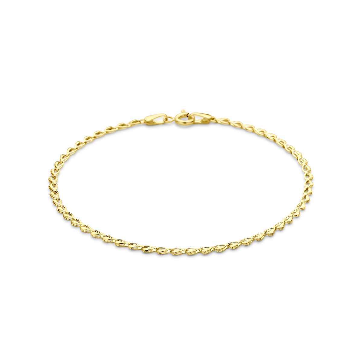 14k Geelgouden armband met een schakelbreedte van 2.1mm. De armband heeft een draaglengte van 18.5cm.