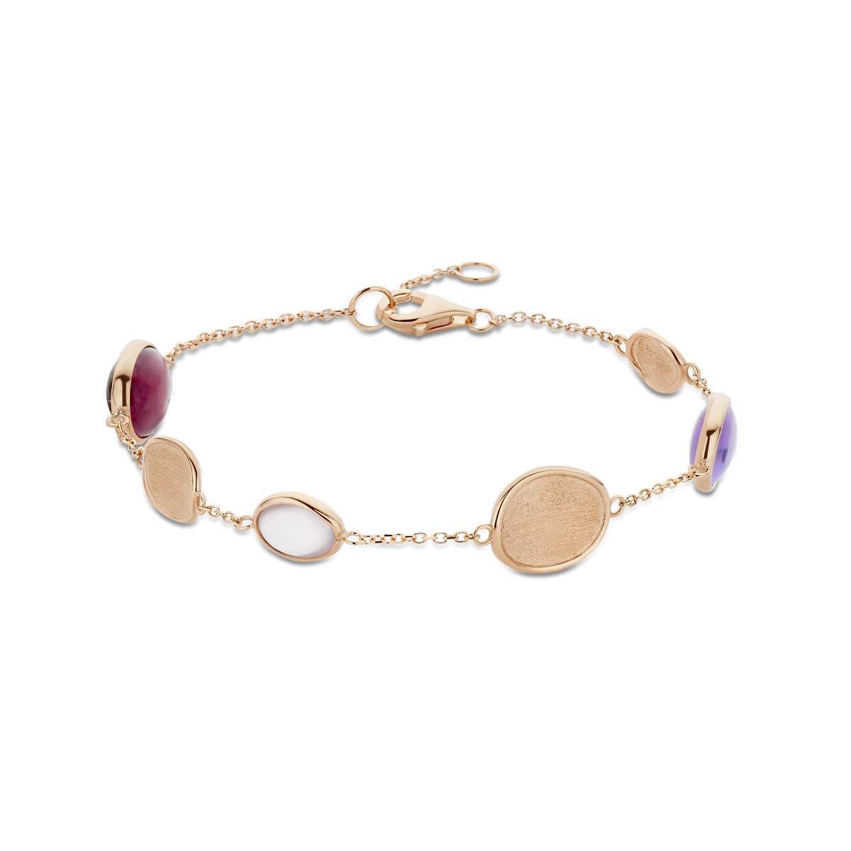  14 krt rosé gouden armband met rhodoliet en amethist en rose kwarts