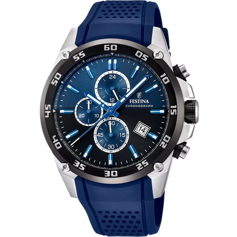Het F20330-A Festina horloge uit de Festina The Originals serie is een sportief herenhorloge. Het horloge heeft een edelstalen kast, een blauwe rubberen band en een zwarte/ blauwe wijzerplaat met blauwe en zilverkleurige accenten. Het Festina F20330-A herenhorloge heeft een chronograaf functie, een datum aanduiding, gehard mineraalglas en is 10 atm waterdicht.