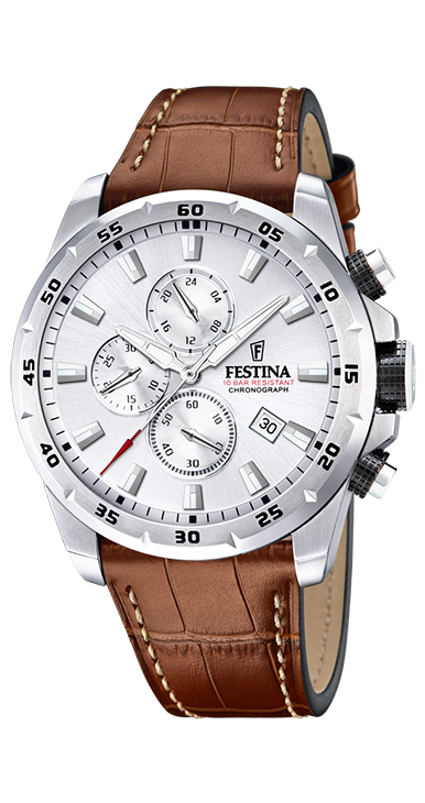 Heren Festina uurwerk met chrono en witte wijzerplaat.
Met datum aanduiding.
De diameter van de horlogekast wordt in de breedte gemeten (zonder de kroon) is +/- 45 mm.
Dit uurwerk is waterdicht tot 100 meter (10 ATM) betekent dat het horloge geschikt is voor douchen & zwemmen.