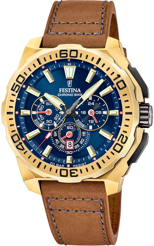 Dit Festina horloge heeft een kast gemaakt van Staal zilver met een diameter van 45.5 mm en is voorzien van een leer band. In de kast bevindt zich een Miyota kwaliteitsuurwerk en is afgewerkt met Mineraalglas.

Het horloge is 20ATM. Dit betekent dat het horloge geschikt is voor diepzeeduiken. Verder wordt het horloge geleverd met 2 jaar garantie.