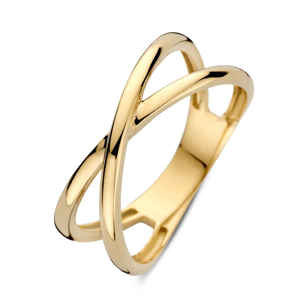 Geelgouden ring met twee gekruiste banen.
