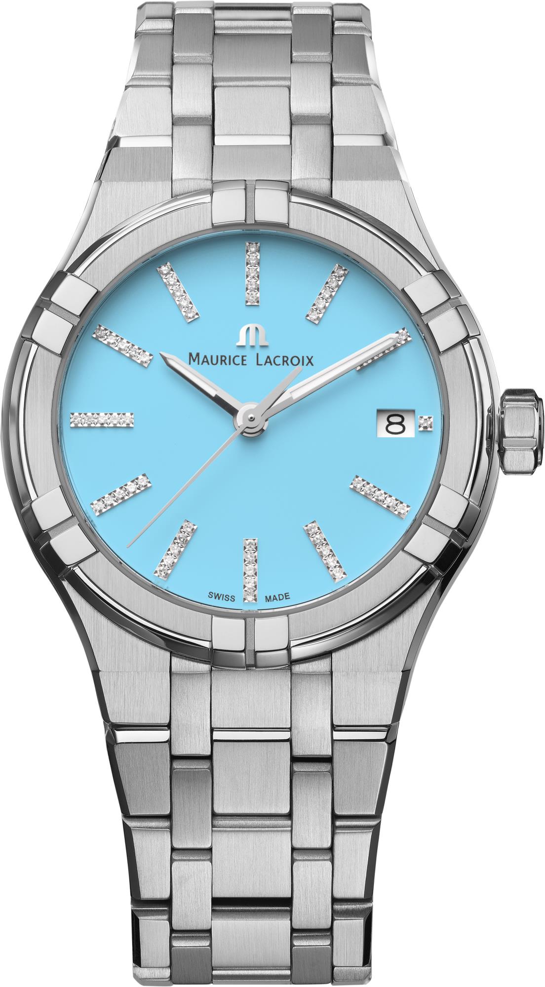 Dit is een horloge van het merk Maurice Lacroix gemaakt voor dames.
De specificaties zijn als volgt:
Kastmaat: 35 mm
Kastdikte: 10 mm
Bandbreedte: 20
Waterdichtheid: 10 ATM / 100 Meter / 330 Feet
Dit horloge heeft de volgende functies/eigenschappen:
Datumaanduiding