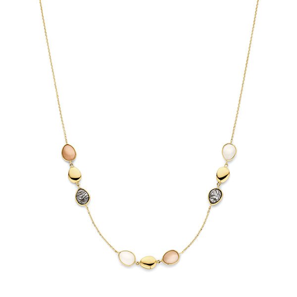 Dit prachtige Italo Bottene collier, modelnummer CO4281-WJ-BRQ-PM, is gemaakt van 14 karaats goud en bevat schitterende rutielkwarts en peach moonstone. Dit luxe gouden sieraad is een must-have voor iedere sieradencollectie!
