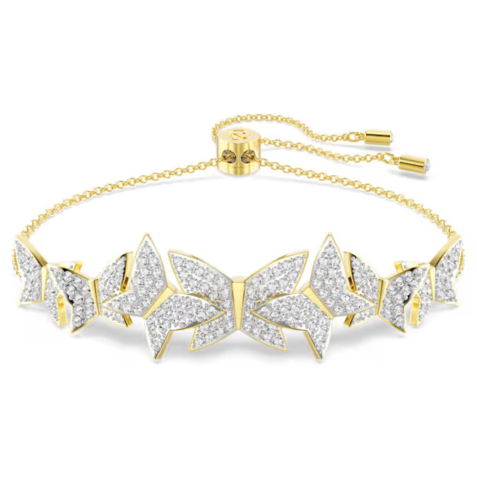 Deze elegante armband is geïnspireerd op fladderende vlinders en geeft elke look een uniek accent. Dit vrouwelijke ontwerp met goudkleurige toplaag en delicate vlindermotieven in glinsterende pavé is afgewerkt met een eenvoudig te verstellen schuifsluiting. Een tijdloze aanvulling op u sieradendoos en ideaal als cadeau voor uzelf of een dierbare.
