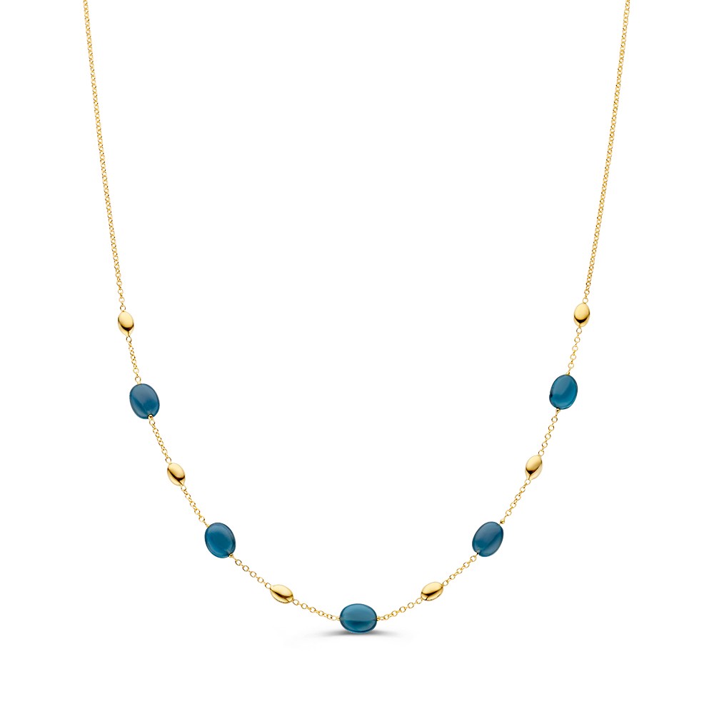 Stijlvol geelgouden collier met prachtig gekleurde london blue topazen.
